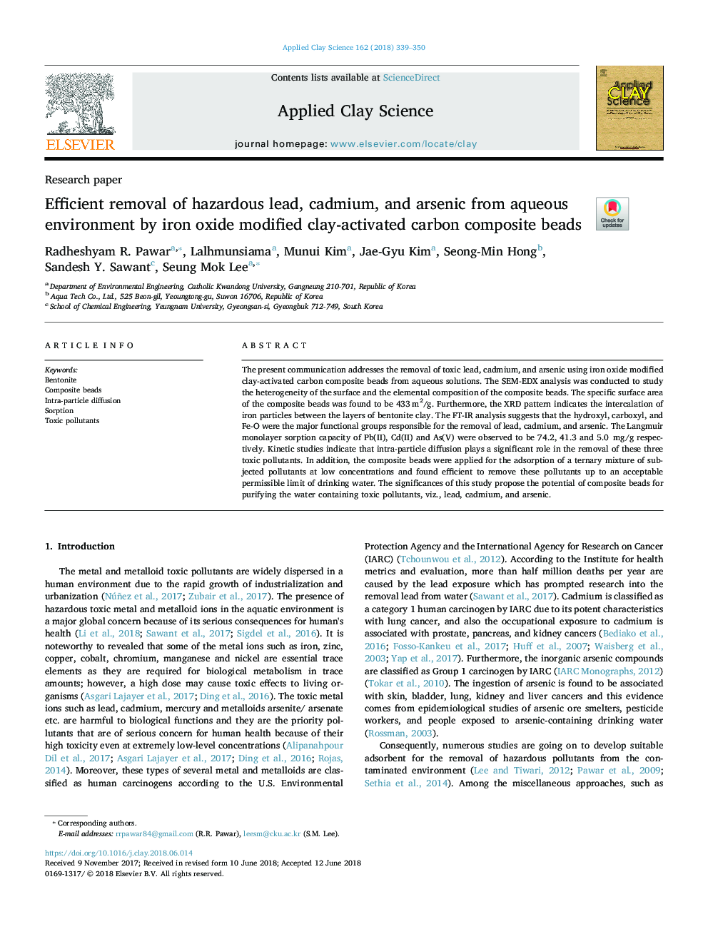 Efficient removal of hazardous lead, cadmium, and arsenic from aqueous environment by iron oxide modified clay-activated carbon composite beads