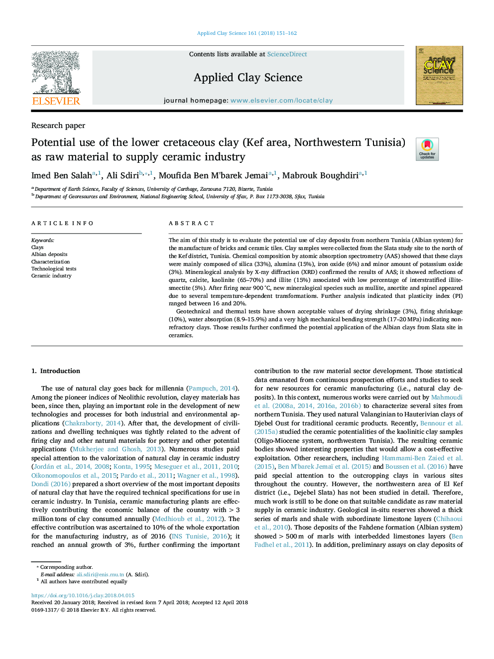 Potential use of the lower cretaceous clay (Kef area, Northwestern Tunisia) as raw material to supply ceramic industry