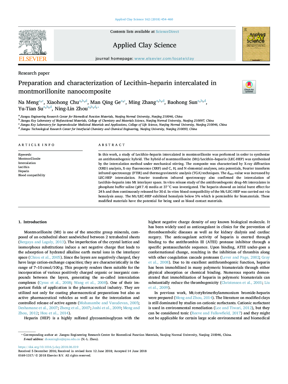 Preparation and characterization of Lecithin-heparin intercalated in montmorillonite nanocomposite