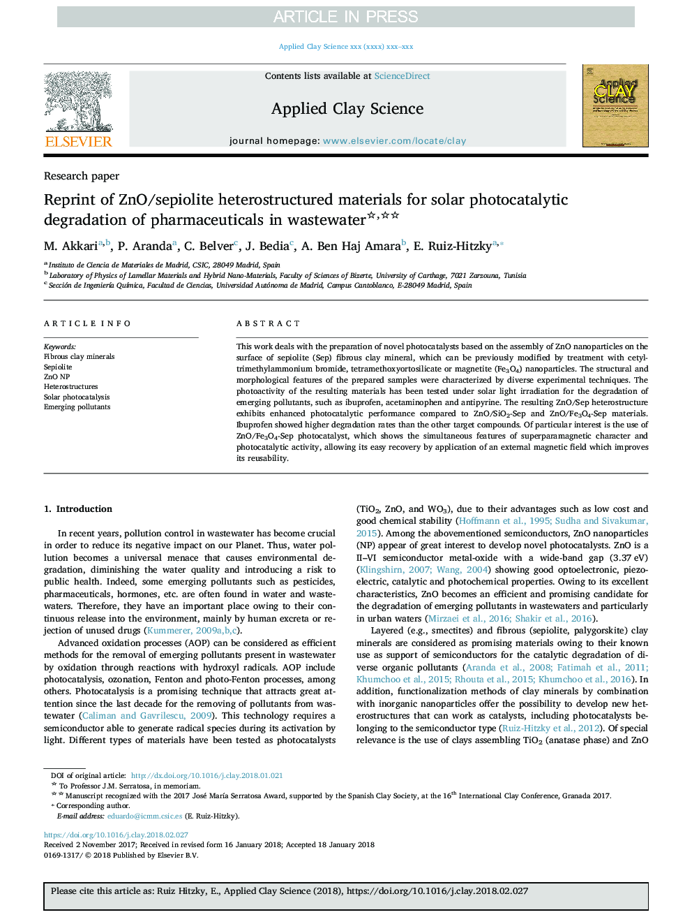 Reprint of ZnO/sepiolite heterostructured materials for solar photocatalytic degradation of pharmaceuticals in wastewater