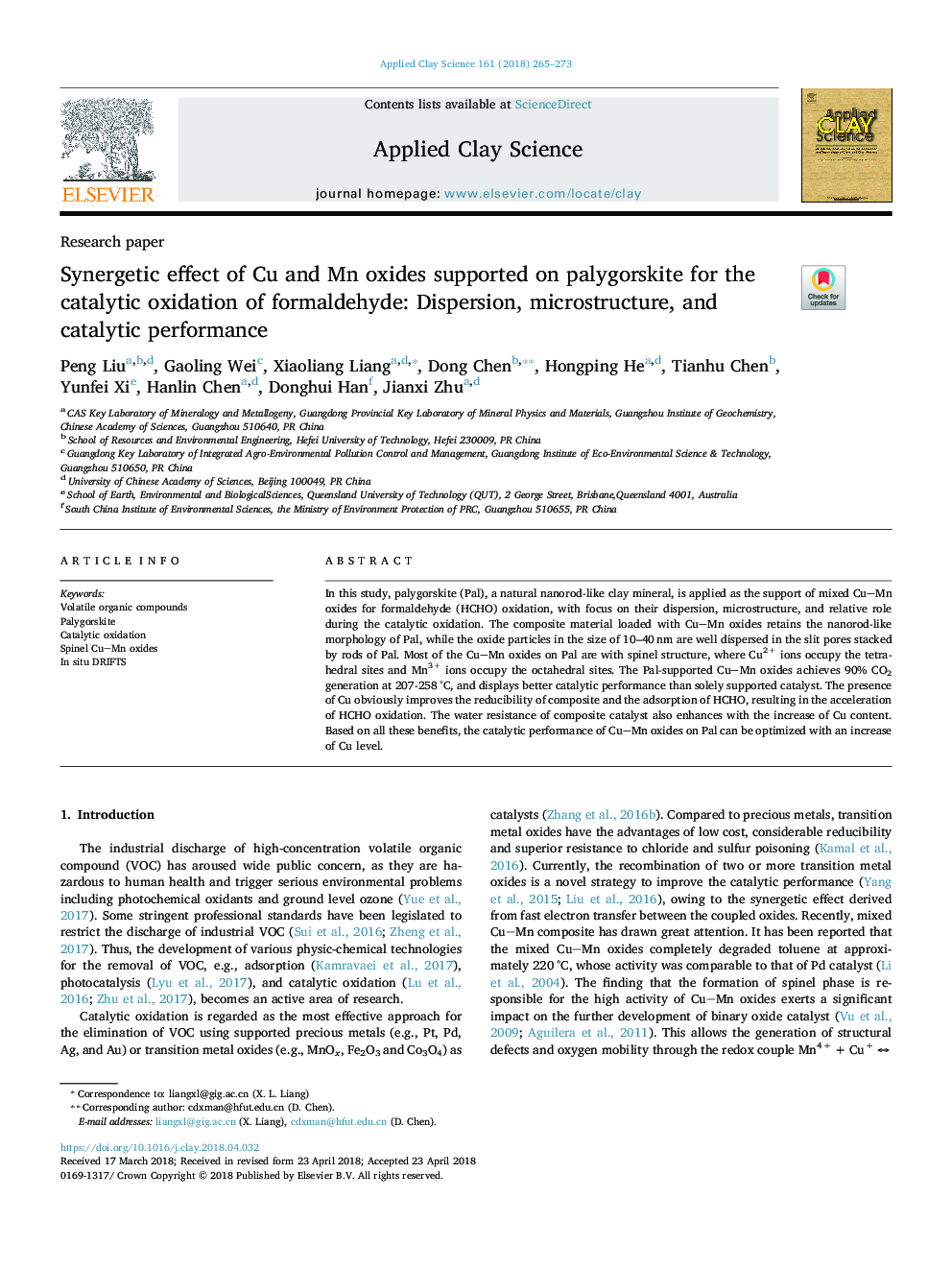 Synergetic effect of Cu and Mn oxides supported on palygorskite for the catalytic oxidation of formaldehyde: Dispersion, microstructure, and catalytic performance