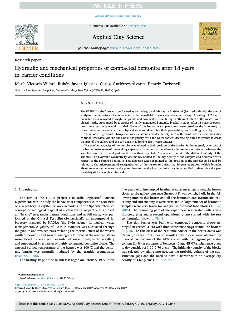 Hydraulic and mechanical properties of compacted bentonite after 18Â years in barrier conditions