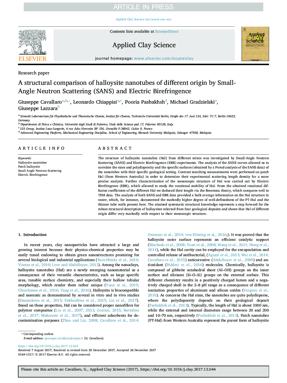 A structural comparison of halloysite nanotubes of different origin by Small-Angle Neutron Scattering (SANS) and Electric Birefringence