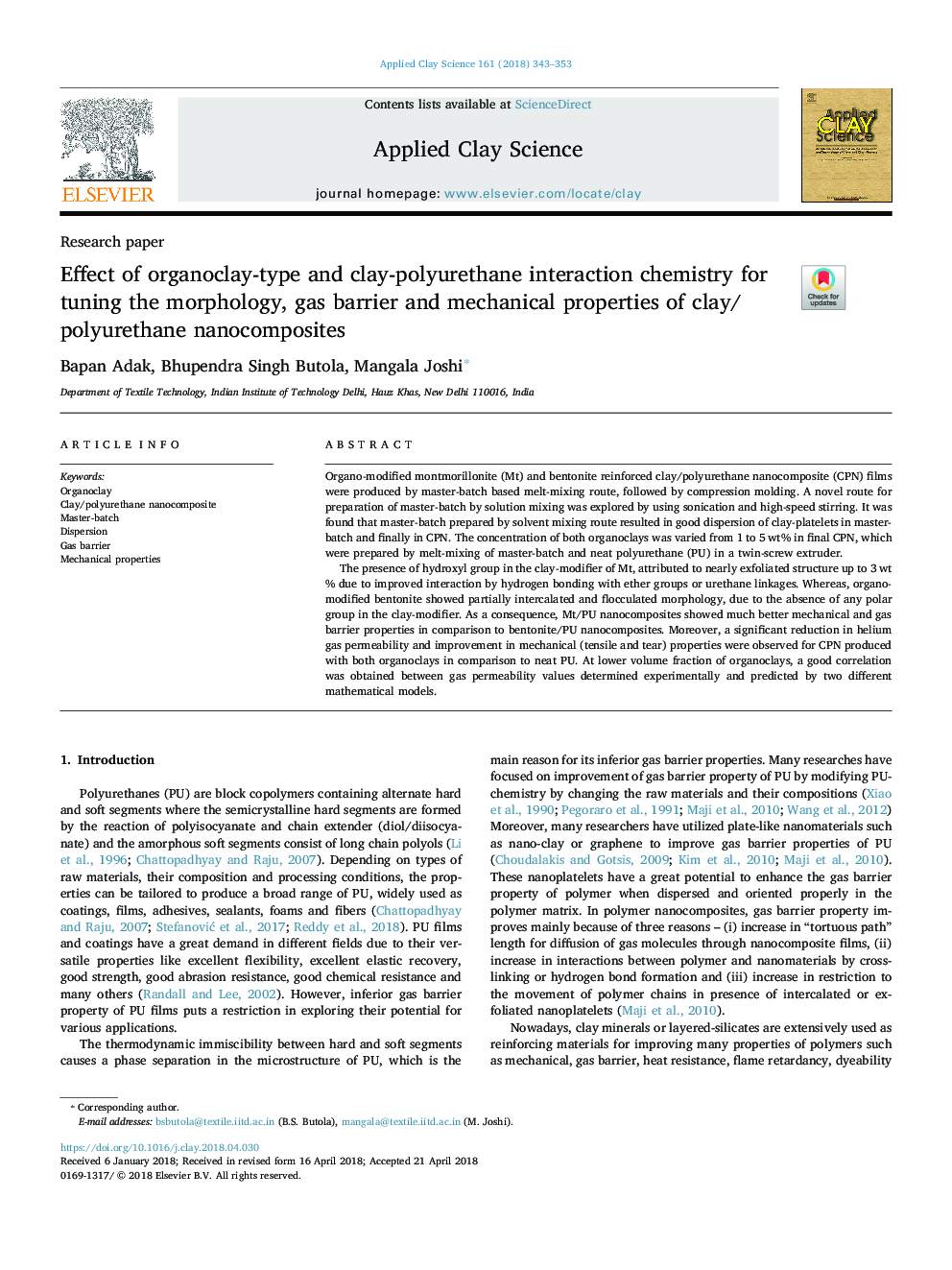 Effect of organoclay-type and clay-polyurethane interaction chemistry for tuning the morphology, gas barrier and mechanical properties of clay/polyurethane nanocomposites