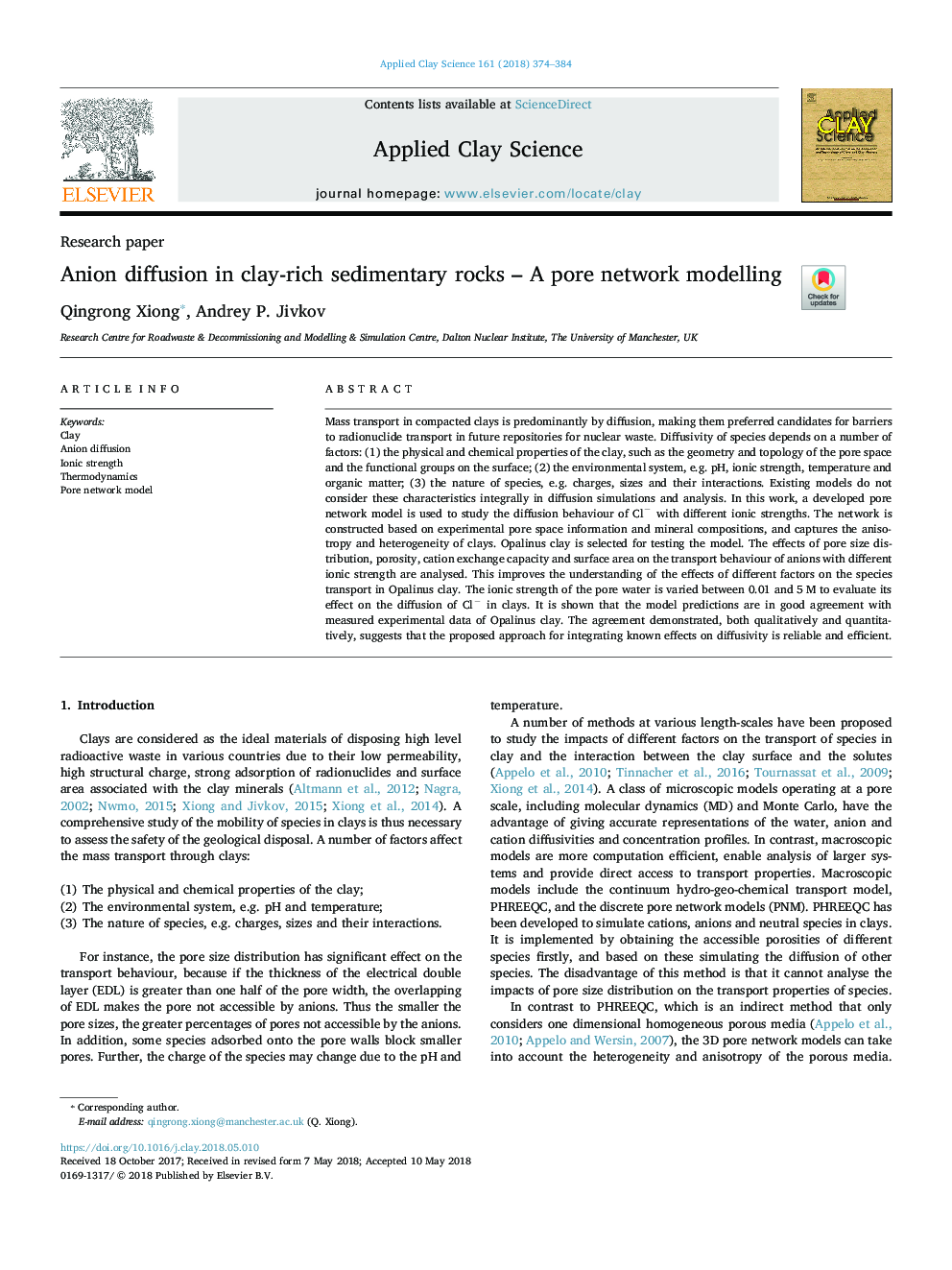 Anion diffusion in clay-rich sedimentary rocks - A pore network modelling