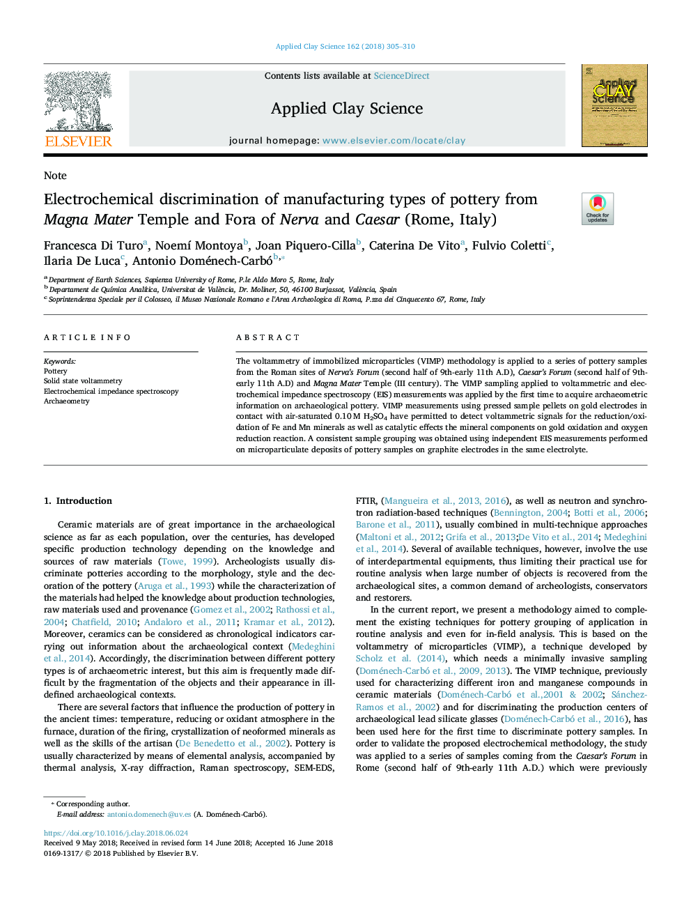 Electrochemical discrimination of manufacturing types of pottery from Magna Mater Temple and Fora of Nerva and Caesar (Rome, Italy)