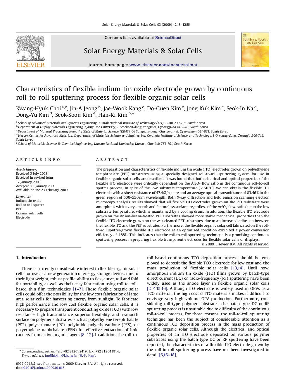 Characteristics of flexible indium tin oxide electrode grown by continuous roll-to-roll sputtering process for flexible organic solar cells