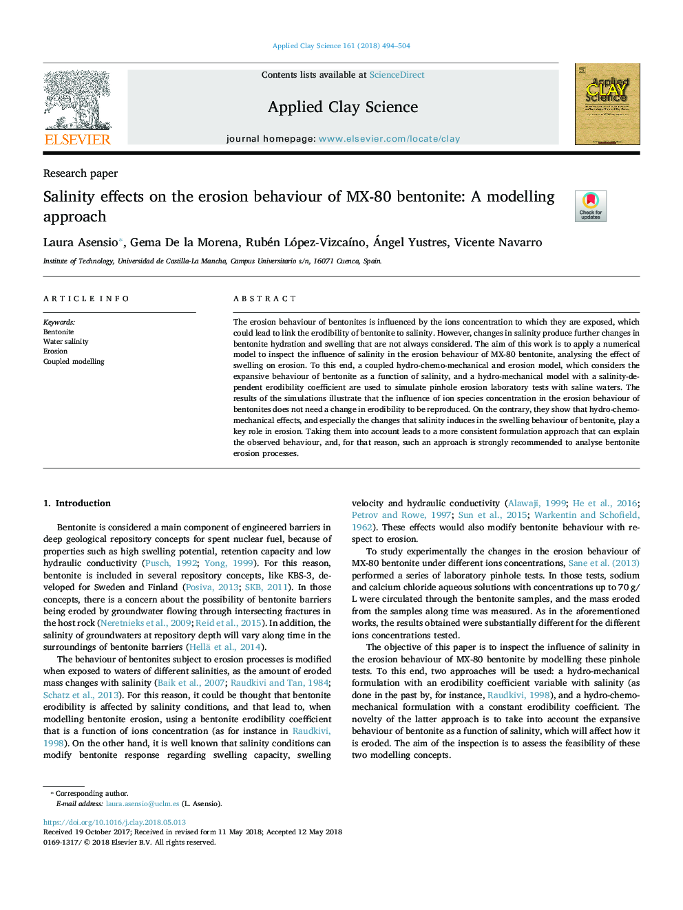 Salinity effects on the erosion behaviour of MX-80 bentonite: A modelling approach