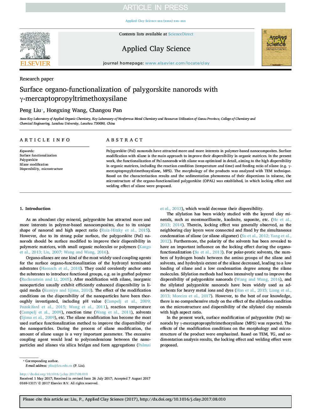 Surface organo-functionalization of palygorskite nanorods with Î³-mercaptopropyltrimethoxysilane