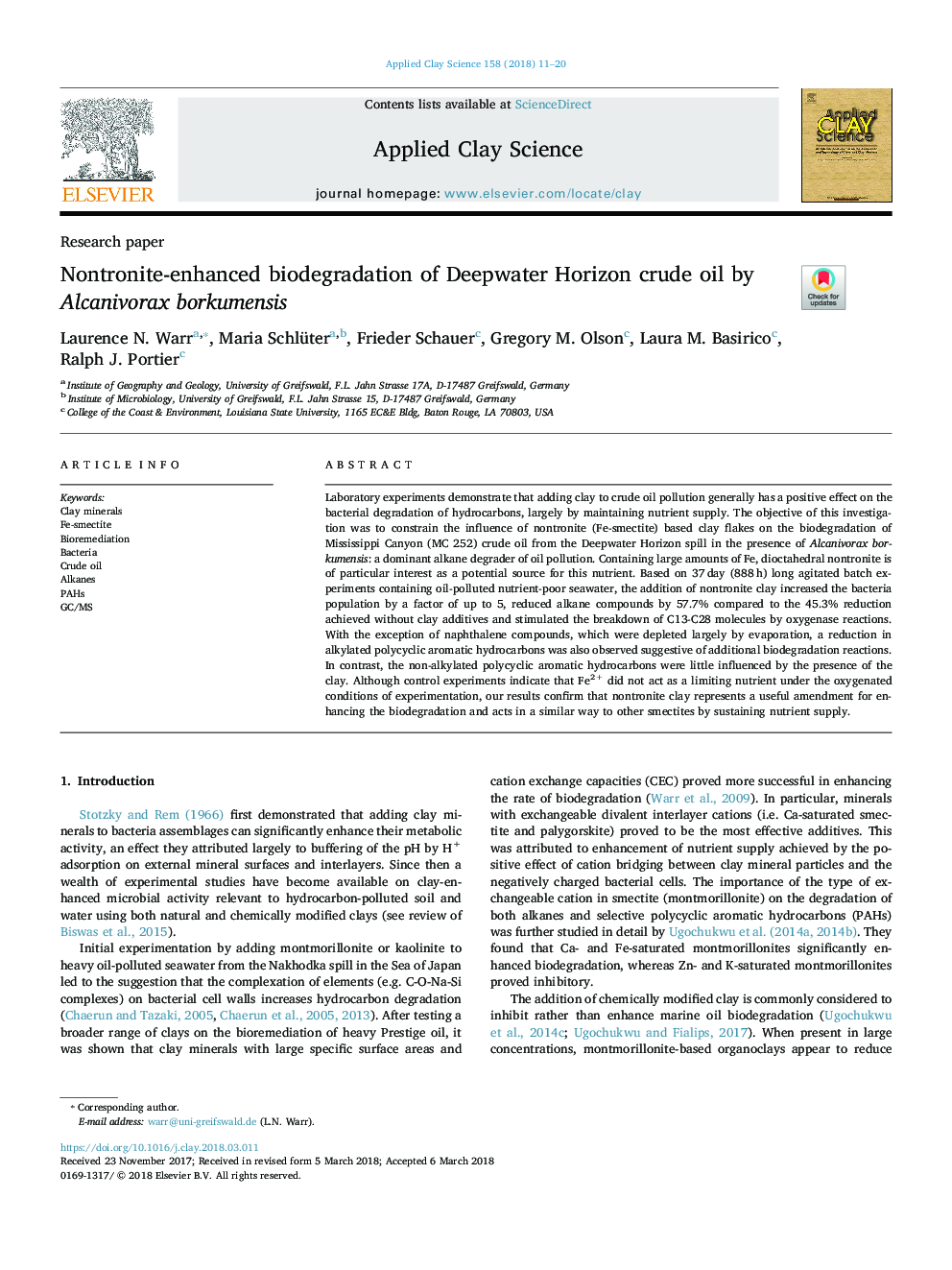 عکس صفحه اول مقاله: Nontronite-enhanced biodegradation of Deepwater Horizon crude oil by Alcanivorax borkumensis Nontronite-enhanced biodegradation of Deepwater Horizon crude oil by Alcanivorax borkumensis