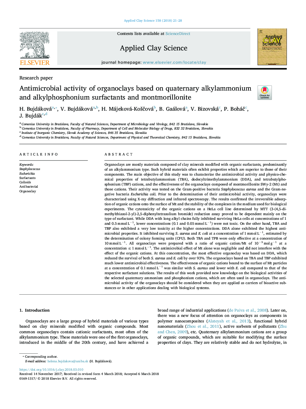 Antimicrobial activity of organoclays based on quaternary alkylammonium and alkylphosphonium surfactants and montmorillonite