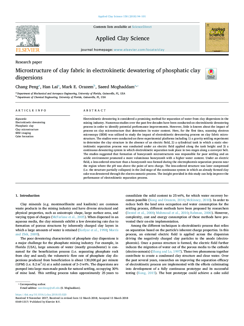 Microstructure of clay fabric in electrokinetic dewatering of phosphatic clay dispersions