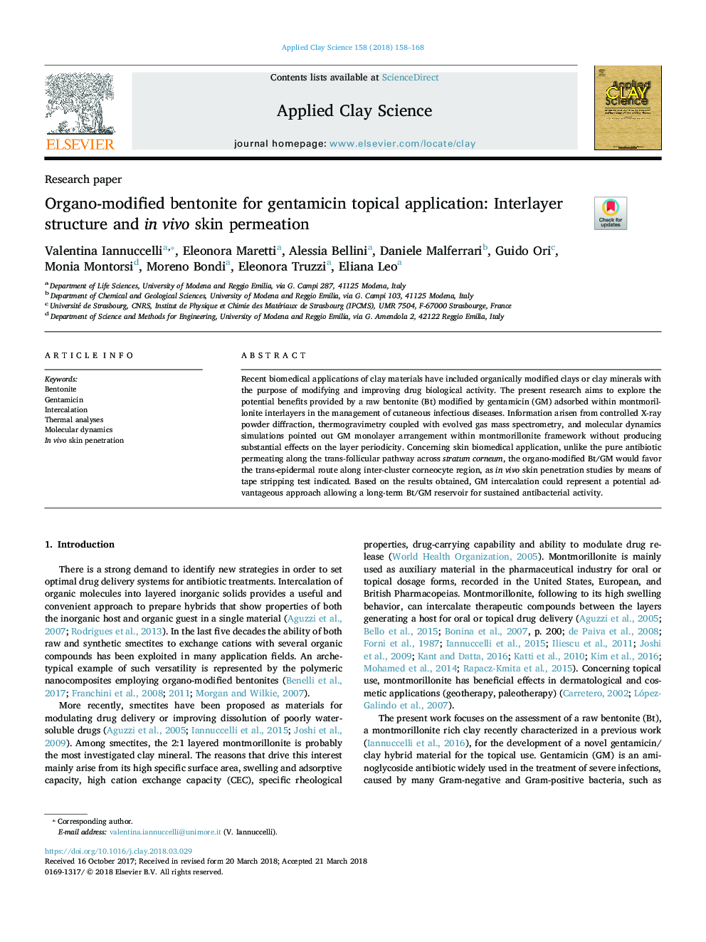 Organo-modified bentonite for gentamicin topical application: Interlayer structure and in vivo skin permeation