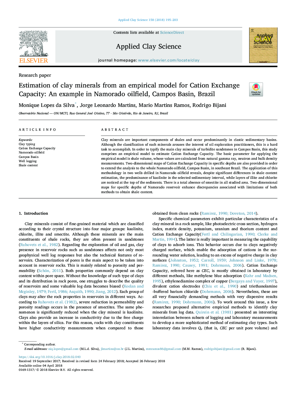 Estimation of clay minerals from an empirical model for Cation Exchange Capacity: An example in Namorado oilfield, Campos Basin, Brazil