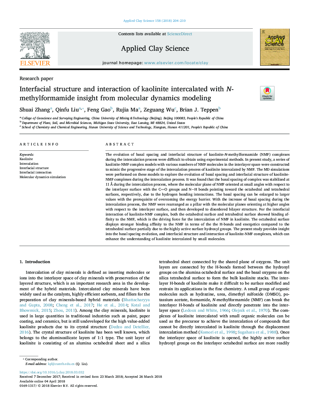 Interfacial structure and interaction of kaolinite intercalated with N-methylformamide insight from molecular dynamics modeling