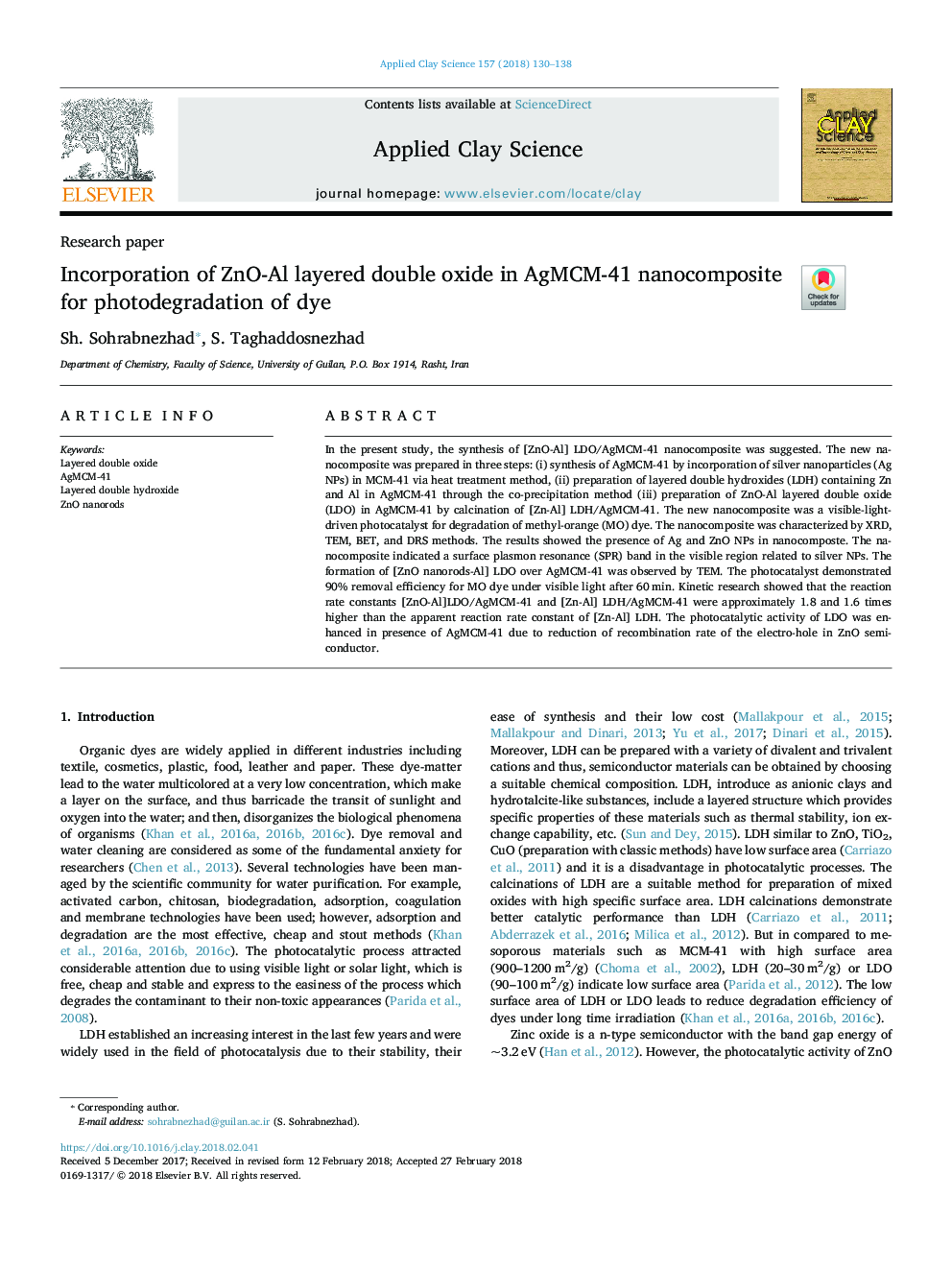 Incorporation of ZnO-Al layered double oxide in AgMCM-41 nanocomposite for photodegradation of dye