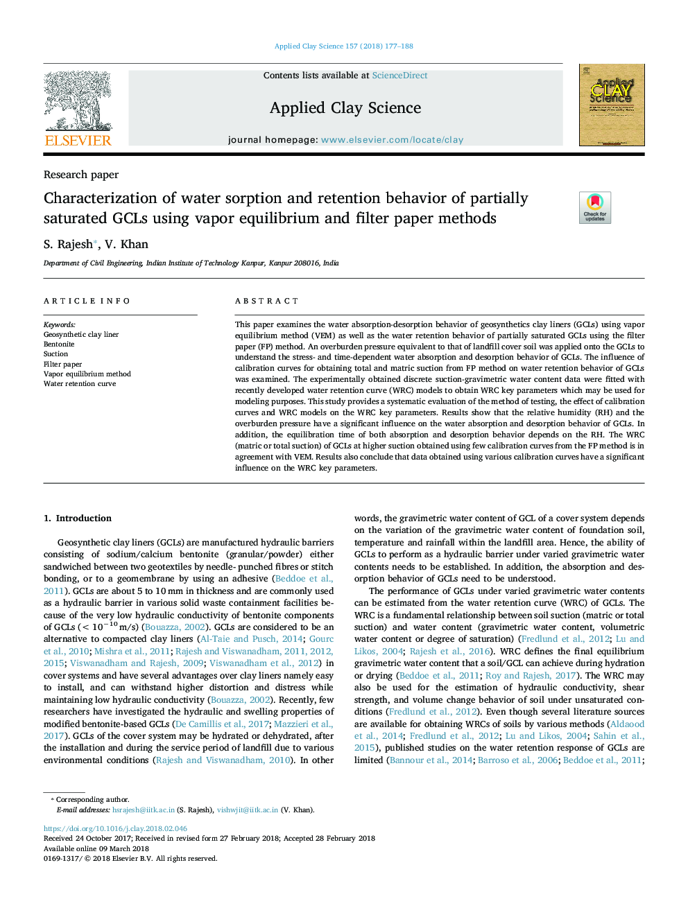 Characterization of water sorption and retention behavior of partially saturated GCLs using vapor equilibrium and filter paper methods