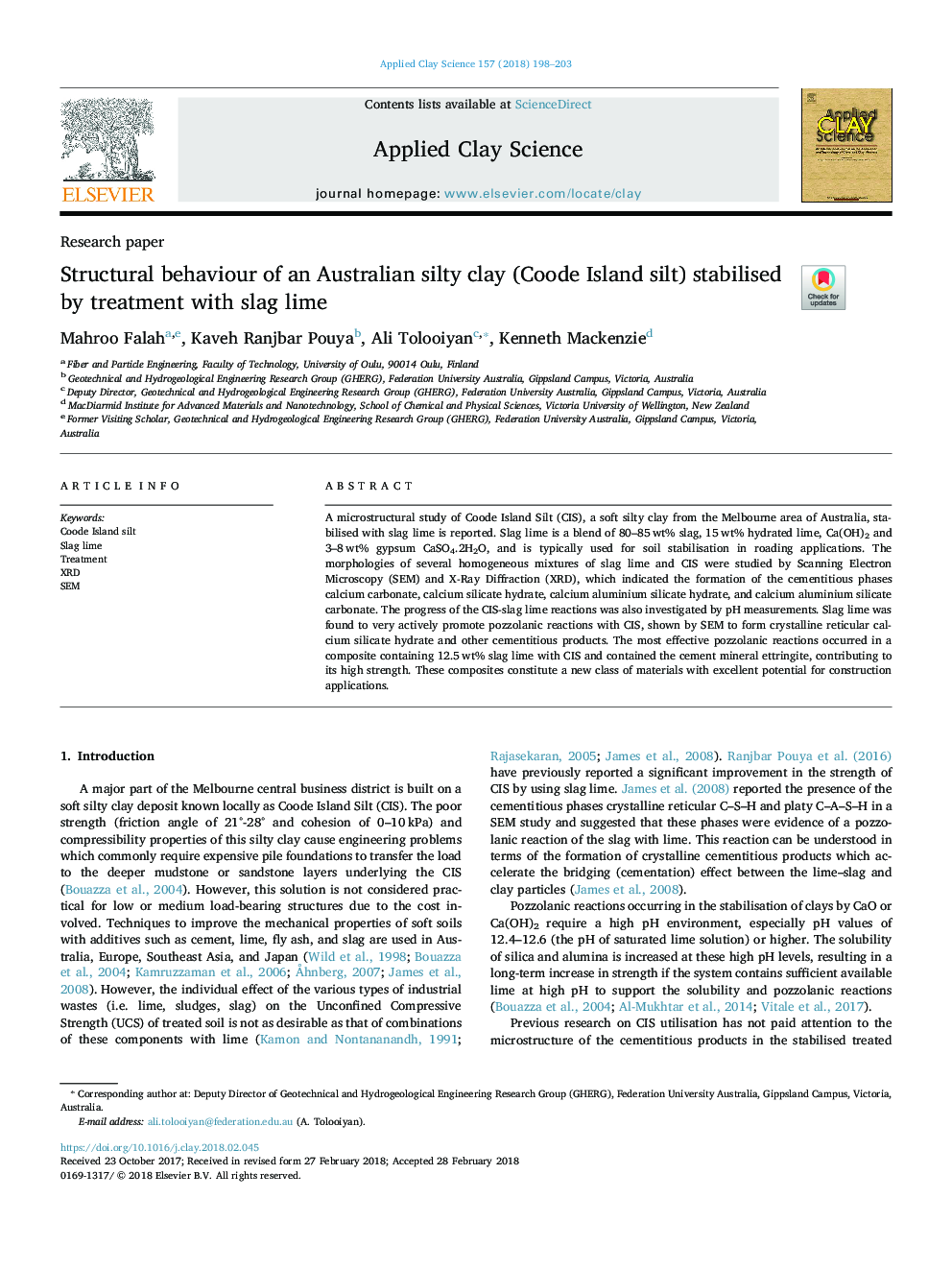 Structural behaviour of an Australian silty clay (Coode Island silt) stabilised by treatment with slag lime