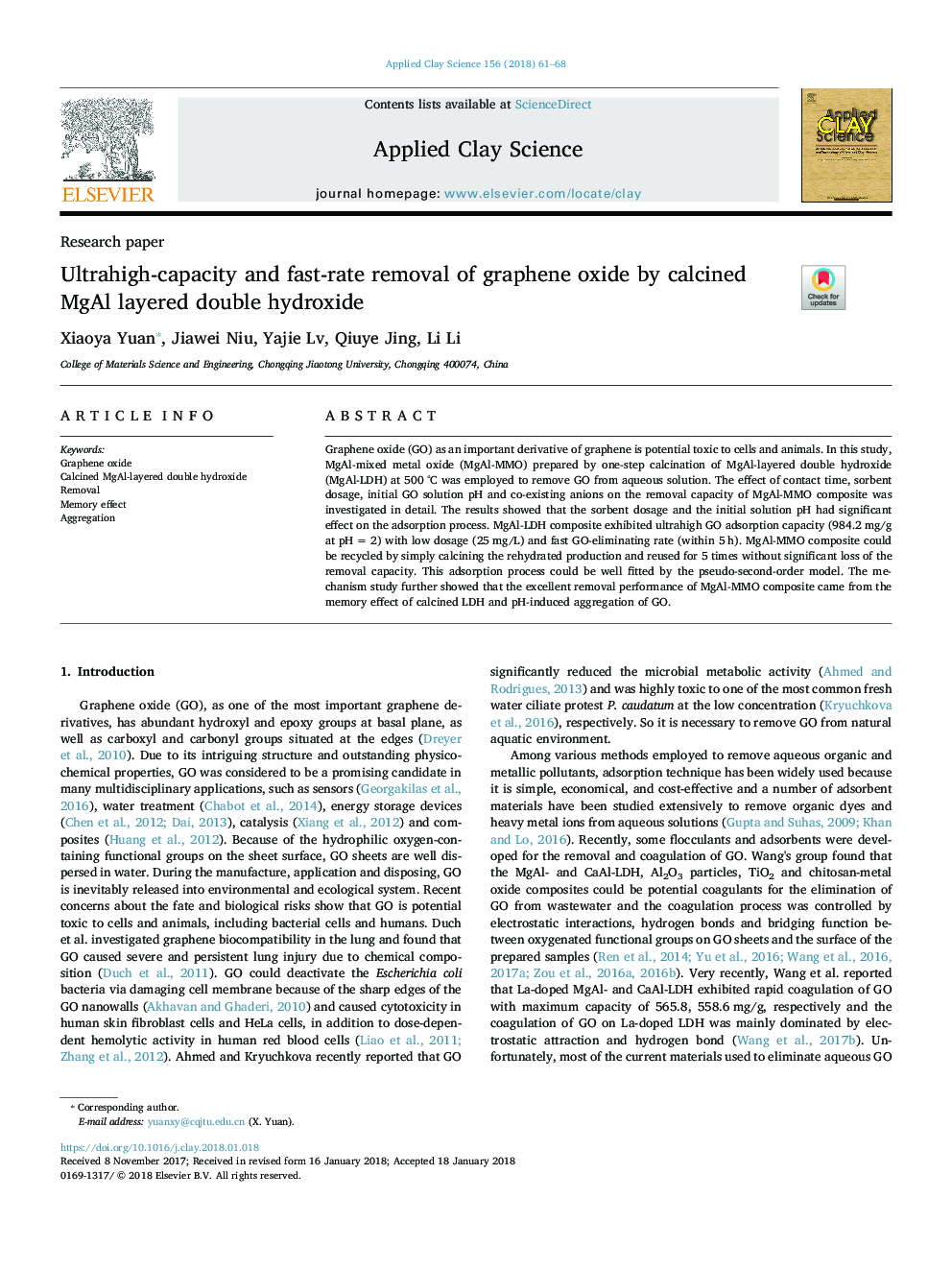 Ultrahigh-capacity and fast-rate removal of graphene oxide by calcined MgAl layered double hydroxide