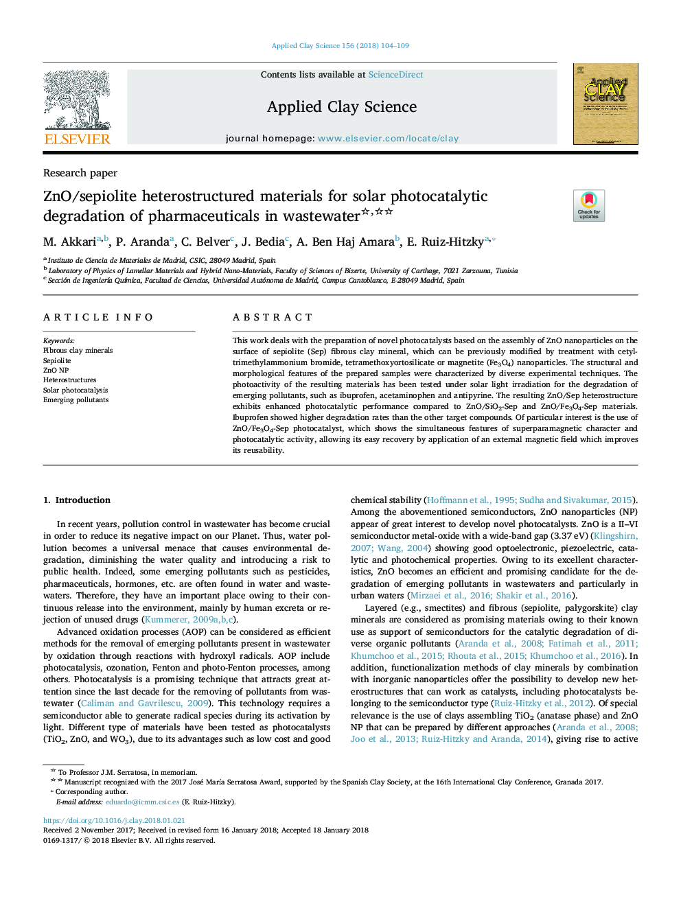 ZnO/sepiolite heterostructured materials for solar photocatalytic degradation of pharmaceuticals in wastewater