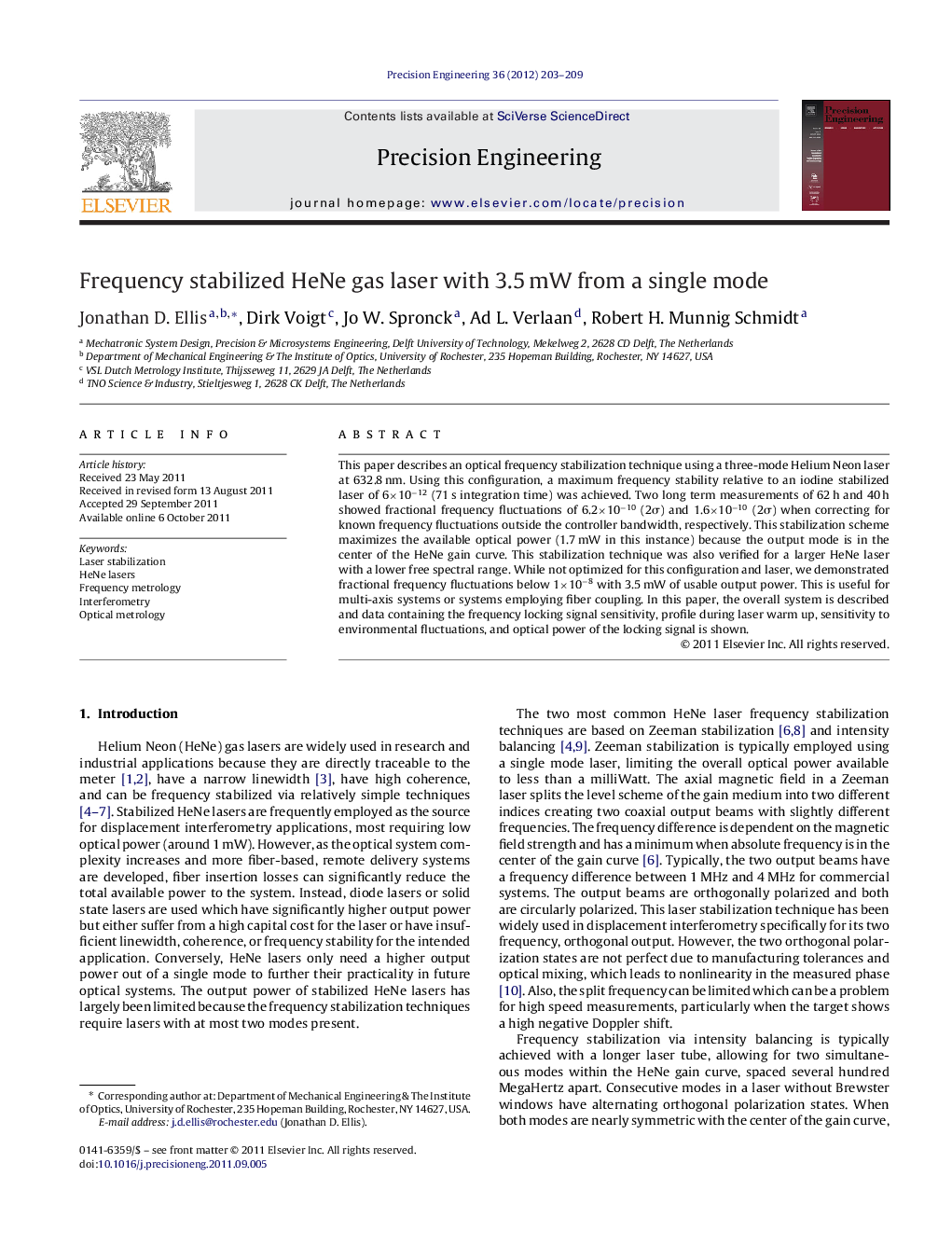 Frequency stabilized HeNe gas laser with 3.5 mW from a single mode