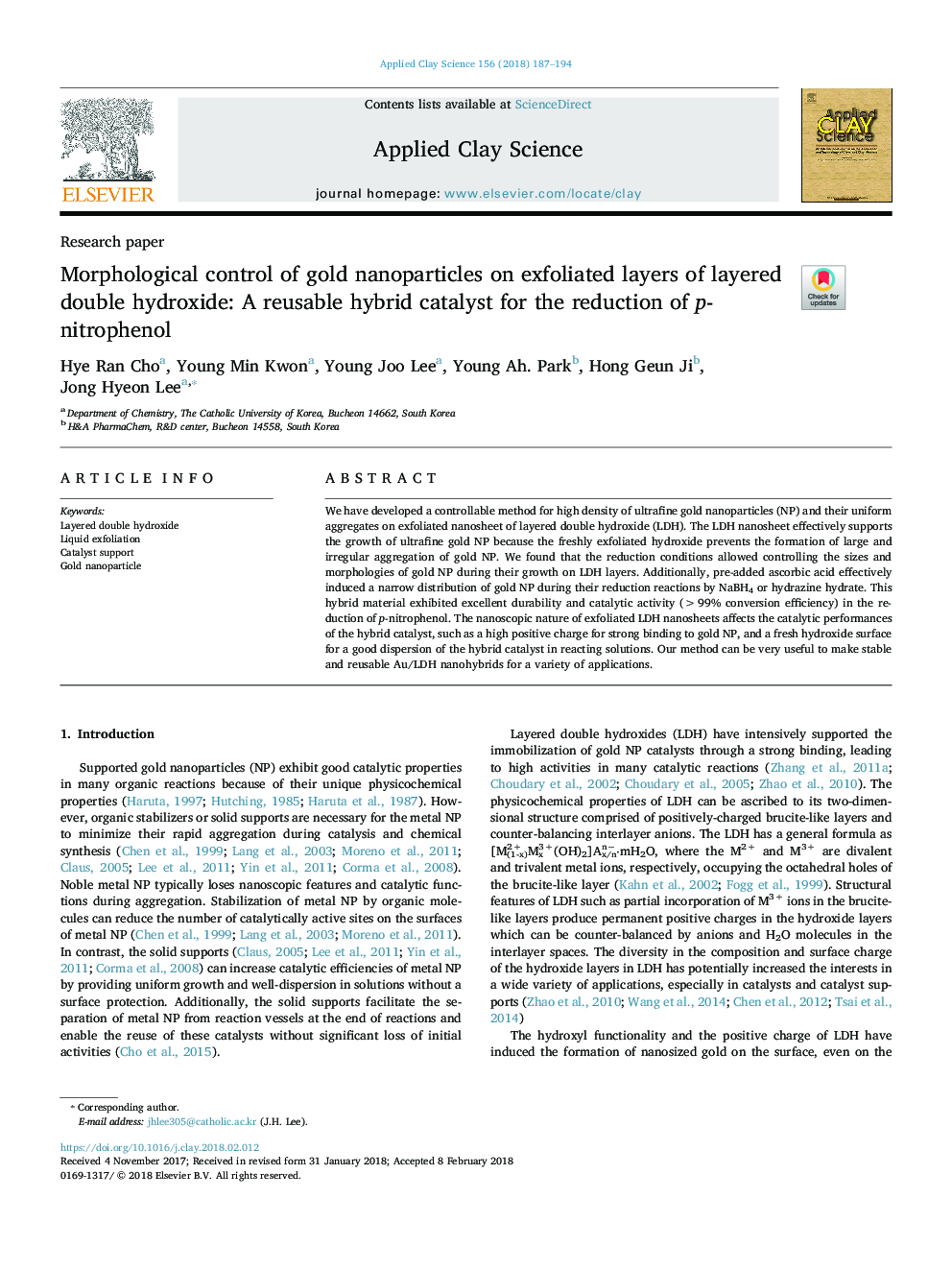 Morphological control of gold nanoparticles on exfoliated layers of layered double hydroxide: A reusable hybrid catalyst for the reduction of p-nitrophenol