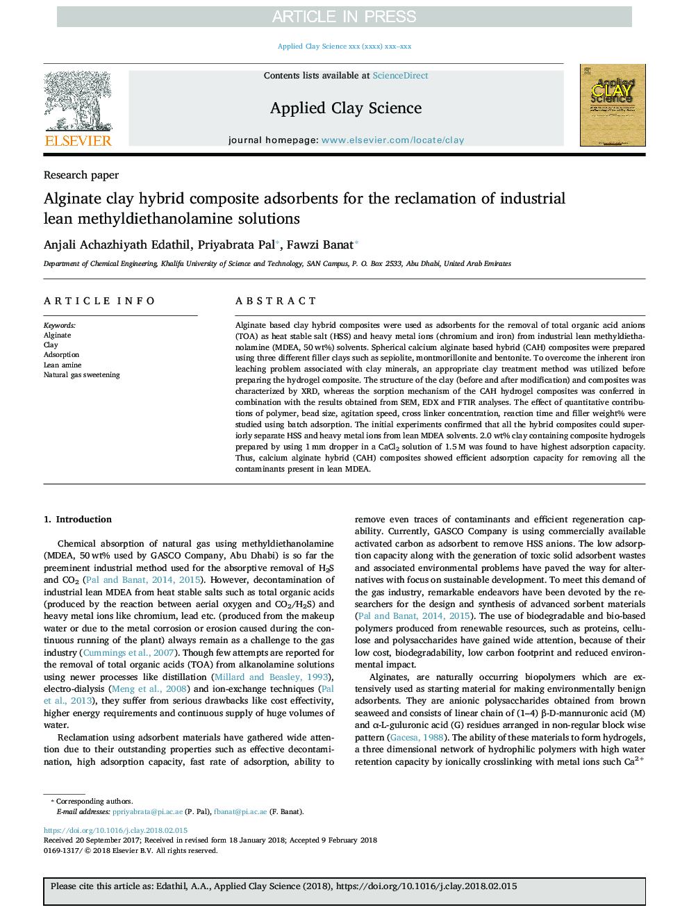 Alginate clay hybrid composite adsorbents for the reclamation of industrial lean methyldiethanolamine solutions