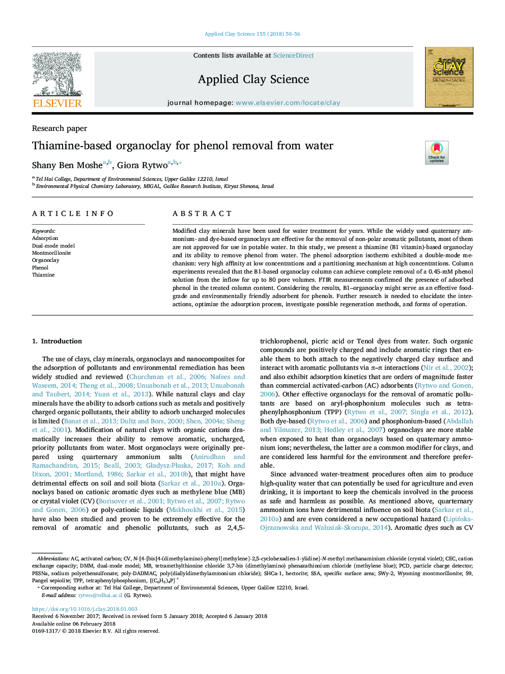 Thiamine-based organoclay for phenol removal from water