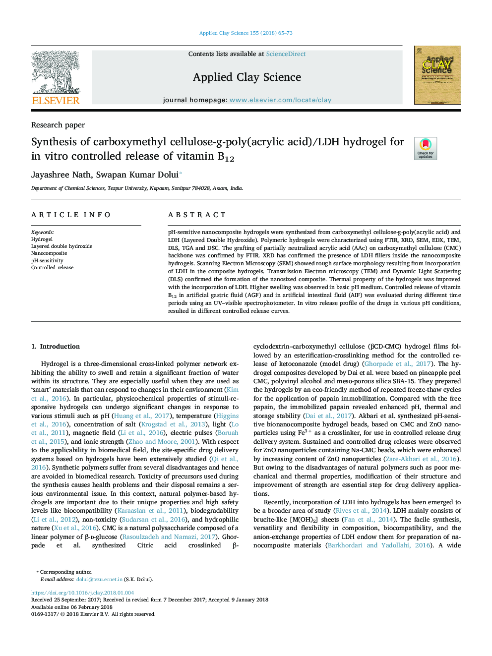 Synthesis of carboxymethyl cellulose-g-poly(acrylic acid)/LDH hydrogel for in vitro controlled release of vitamin B12