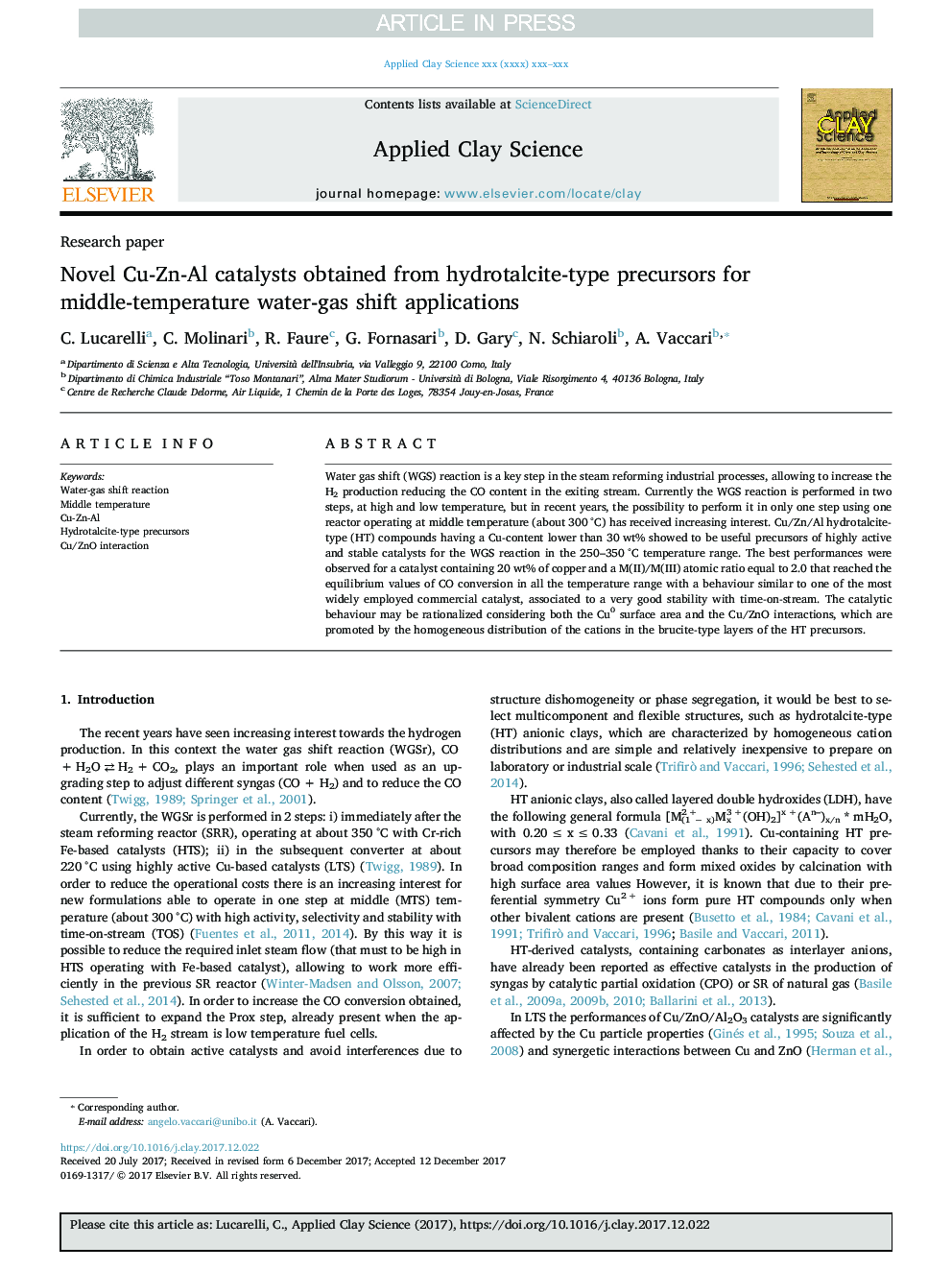 Novel Cu-Zn-Al catalysts obtained from hydrotalcite-type precursors for middle-temperature water-gas shift applications