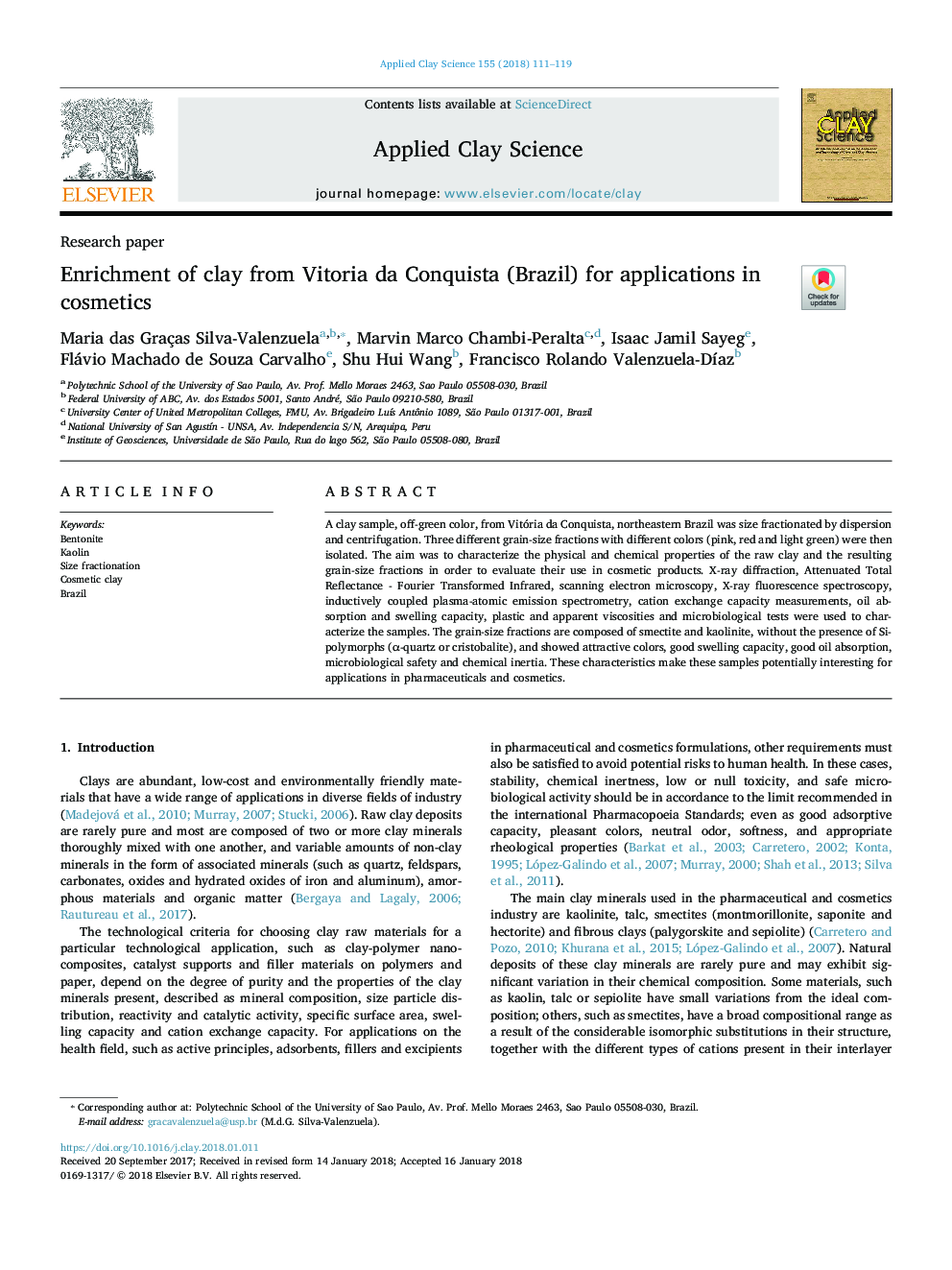 Enrichment of clay from Vitoria da Conquista (Brazil) for applications in cosmetics