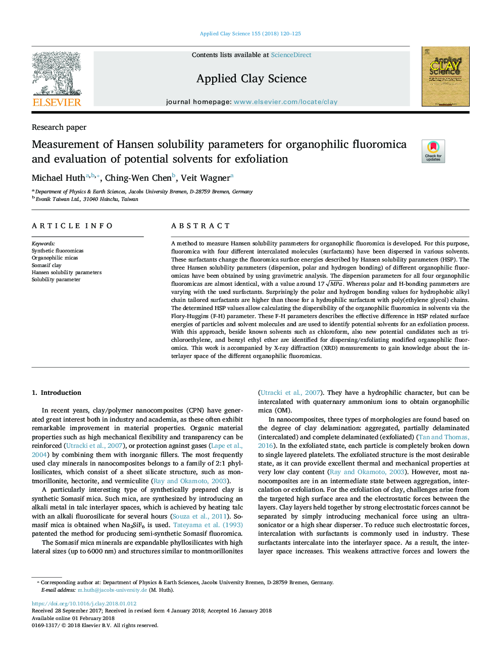 Measurement of Hansen solubility parameters for organophilic fluoromica and evaluation of potential solvents for exfoliation