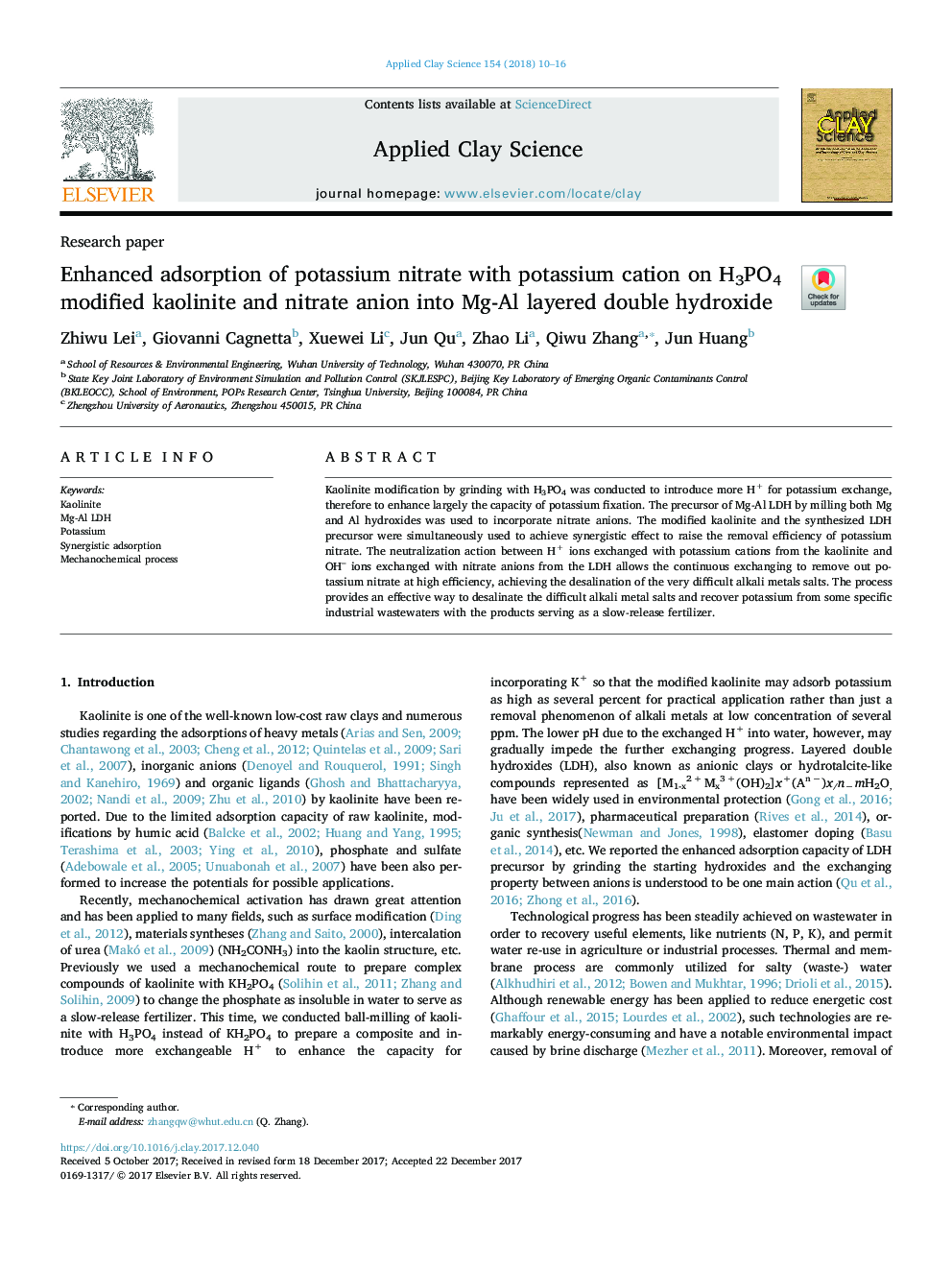 Enhanced adsorption of potassium nitrate with potassium cation on H3PO4 modified kaolinite and nitrate anion into Mg-Al layered double hydroxide