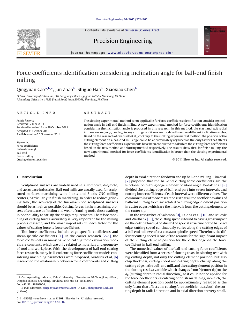 Force coefficients identification considering inclination angle for ball-end finish milling