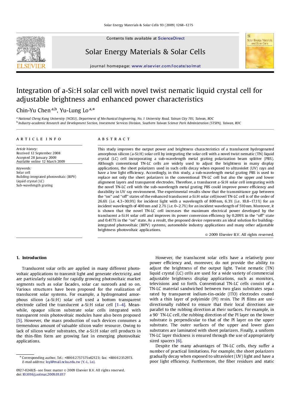 Integration of a-Si:H solar cell with novel twist nematic liquid crystal cell for adjustable brightness and enhanced power characteristics