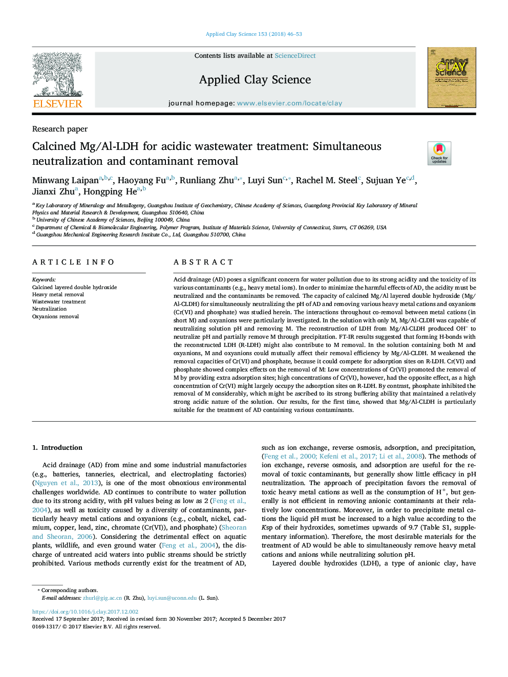 Calcined Mg/Al-LDH for acidic wastewater treatment: Simultaneous neutralization and contaminant removal