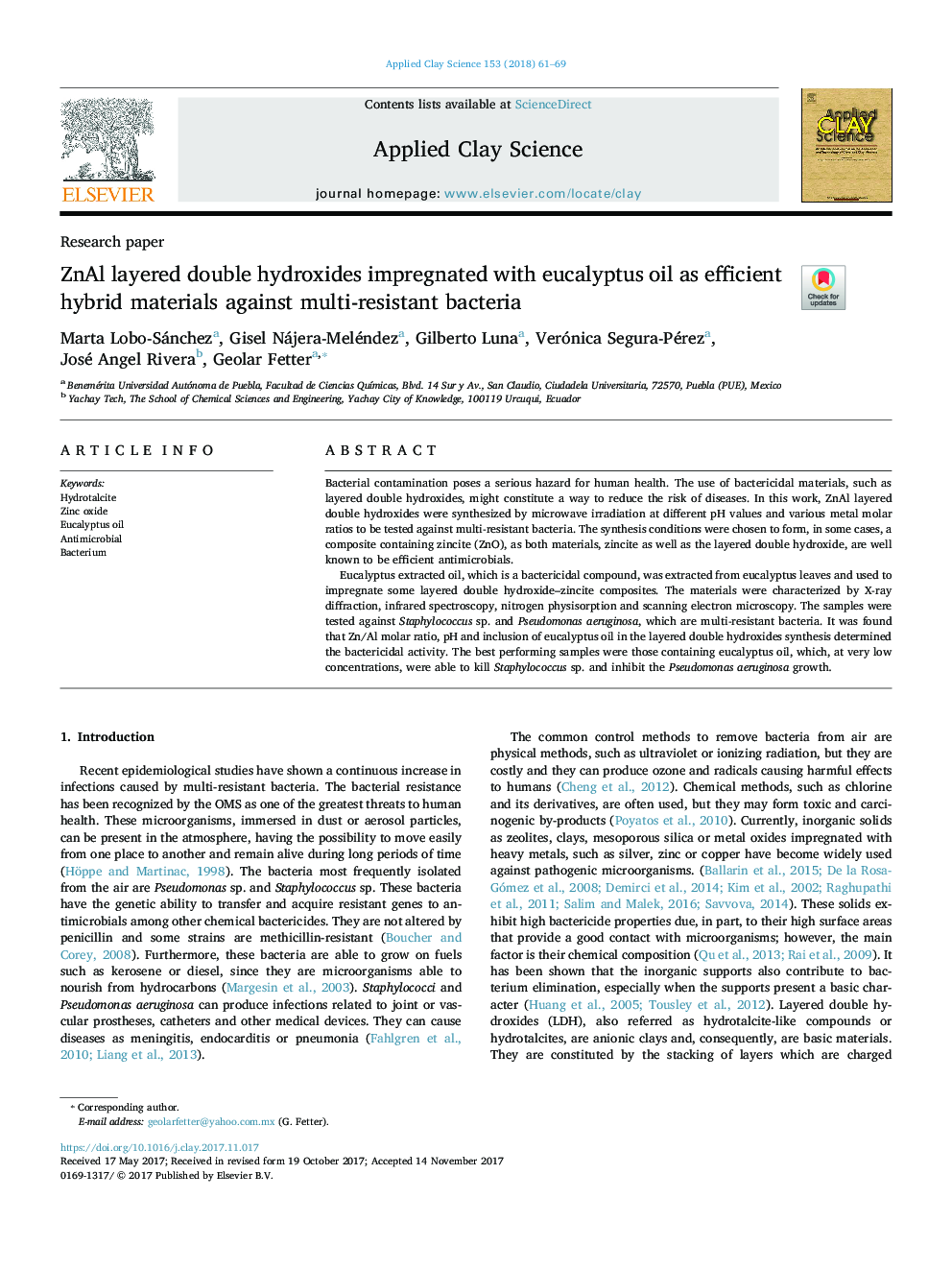 ZnAl layered double hydroxides impregnated with eucalyptus oil as efficient hybrid materials against multi-resistant bacteria