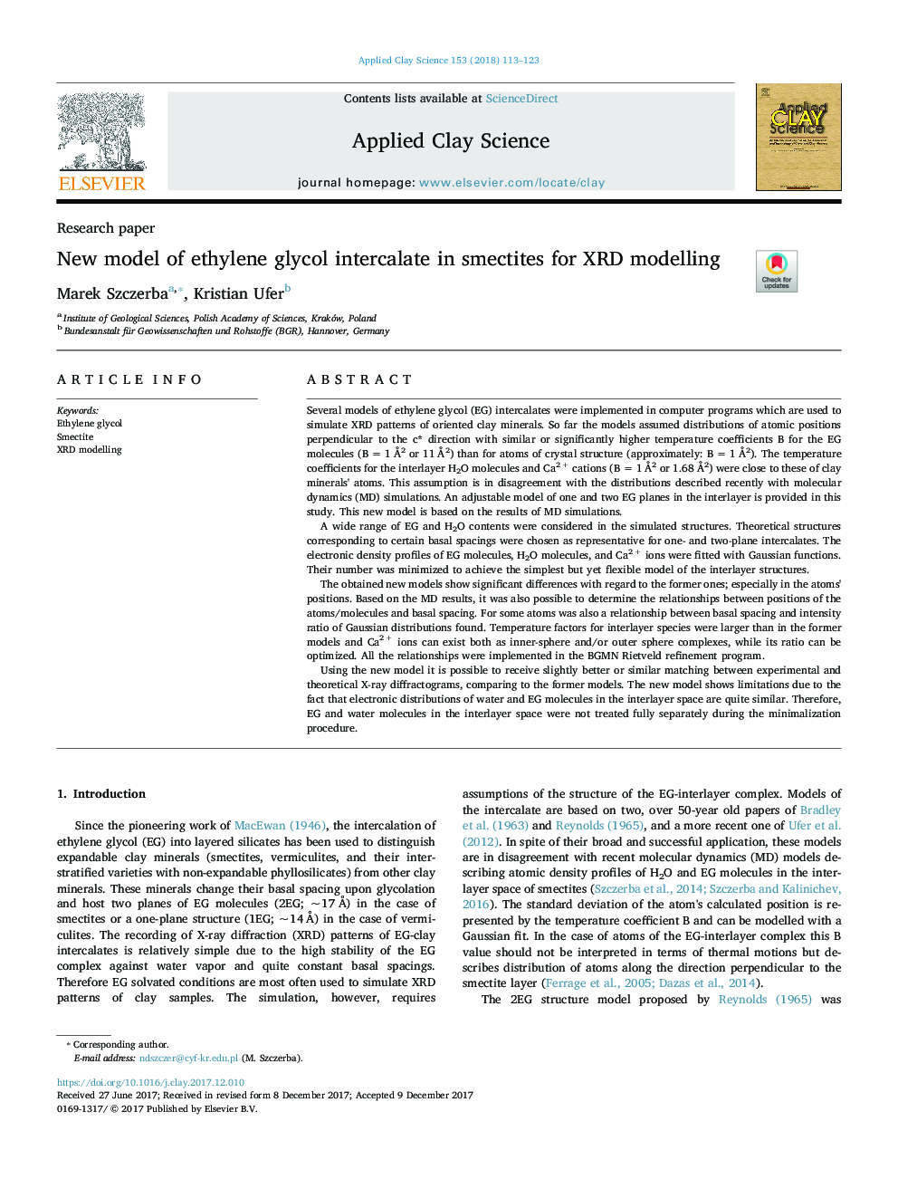 New model of ethylene glycol intercalate in smectites for XRD modelling