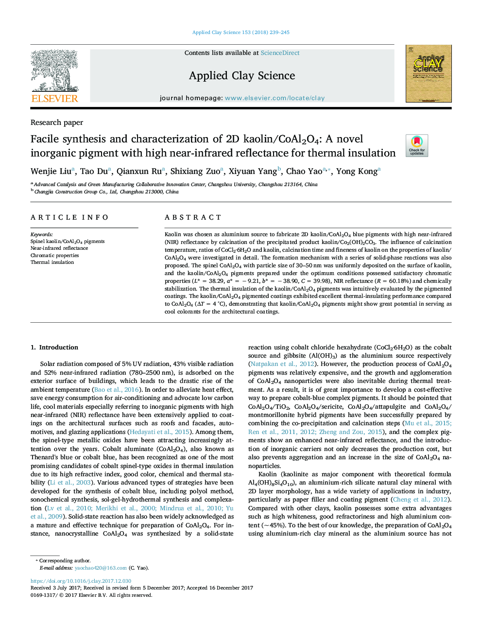 Facile synthesis and characterization of 2D kaolin/CoAl2O4: A novel inorganic pigment with high near-infrared reflectance for thermal insulation