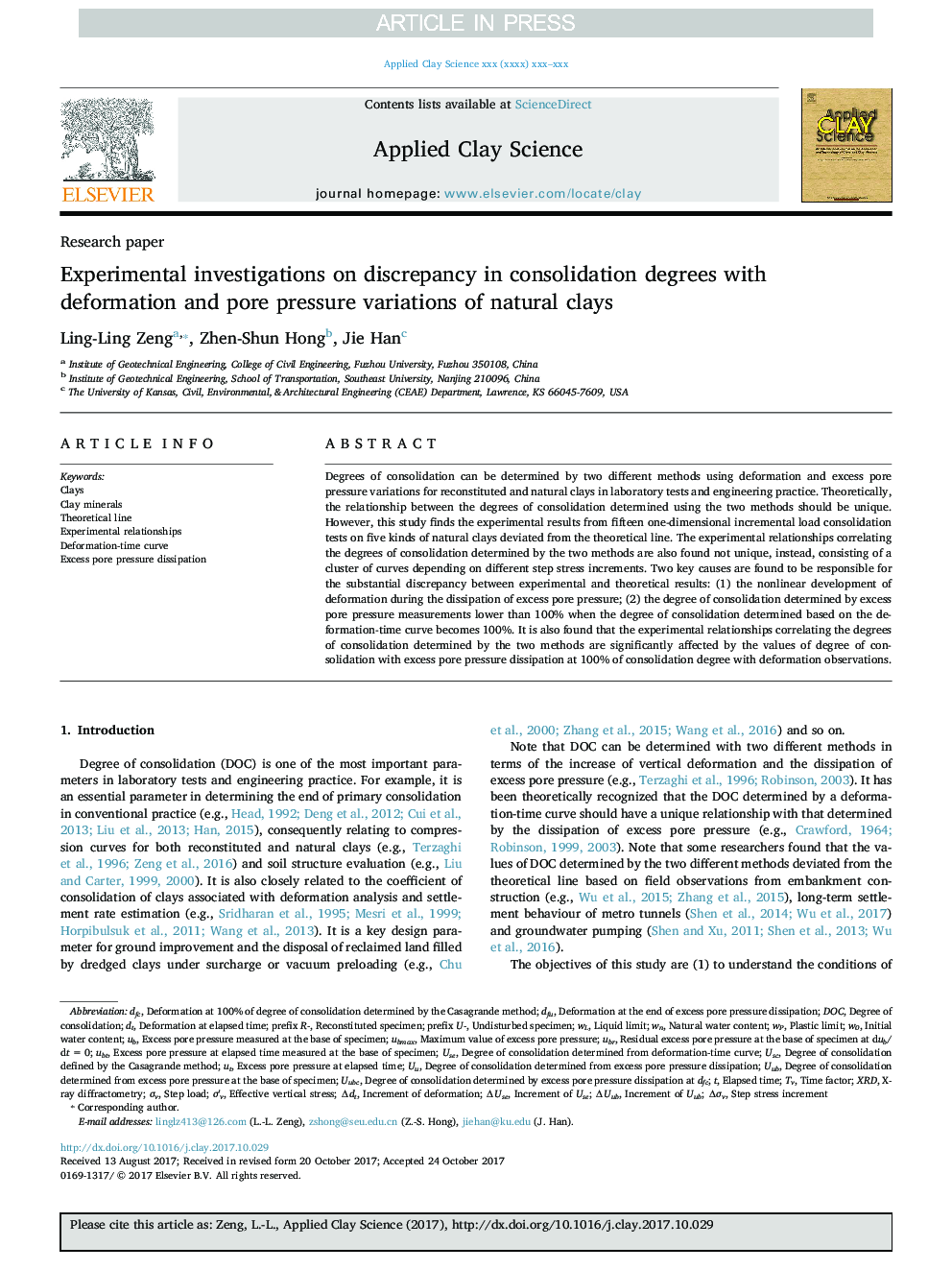 Experimental investigations on discrepancy in consolidation degrees with deformation and pore pressure variations of natural clays