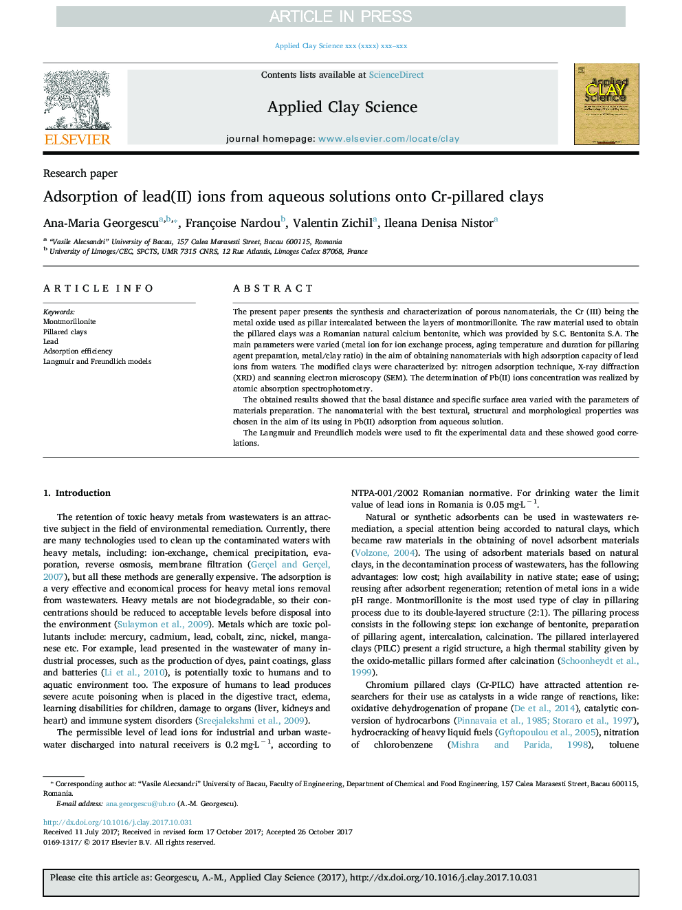 Adsorption of lead(II) ions from aqueous solutions onto Cr-pillared clays