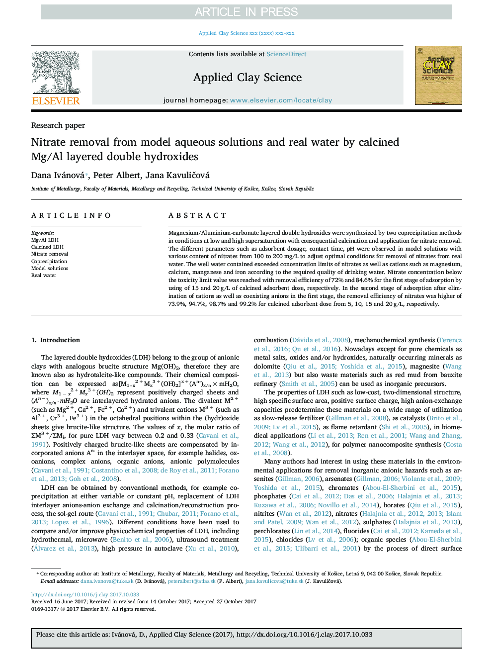 Nitrate removal from model aqueous solutions and real water by calcined Mg/Al layered double hydroxides