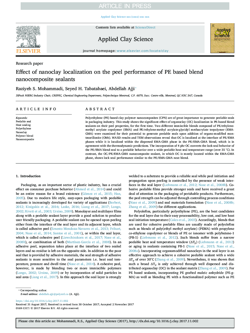 Effect of nanoclay localization on the peel performance of PE based blend nanocomposite sealants