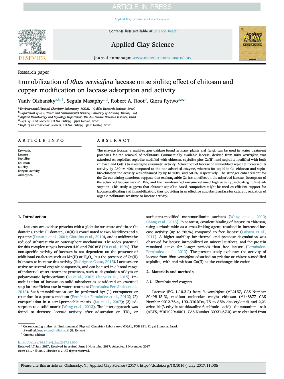 Immobilization of Rhus vernicifera laccase on sepiolite; effect of chitosan and copper modification on laccase adsorption and activity