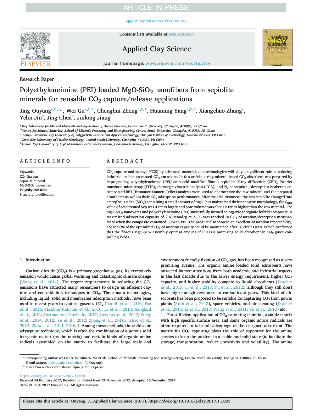 عکس صفحه اول مقاله: Polyethyleneimine (PEI) loaded MgO-SiO2 nanofibers from sepiolite minerals for reusable CO2 capture/release applications Polyethyleneimine (PEI) loaded MgO-SiO2 nanofibers from sepiolite minerals for reusable CO2 capture/release applications