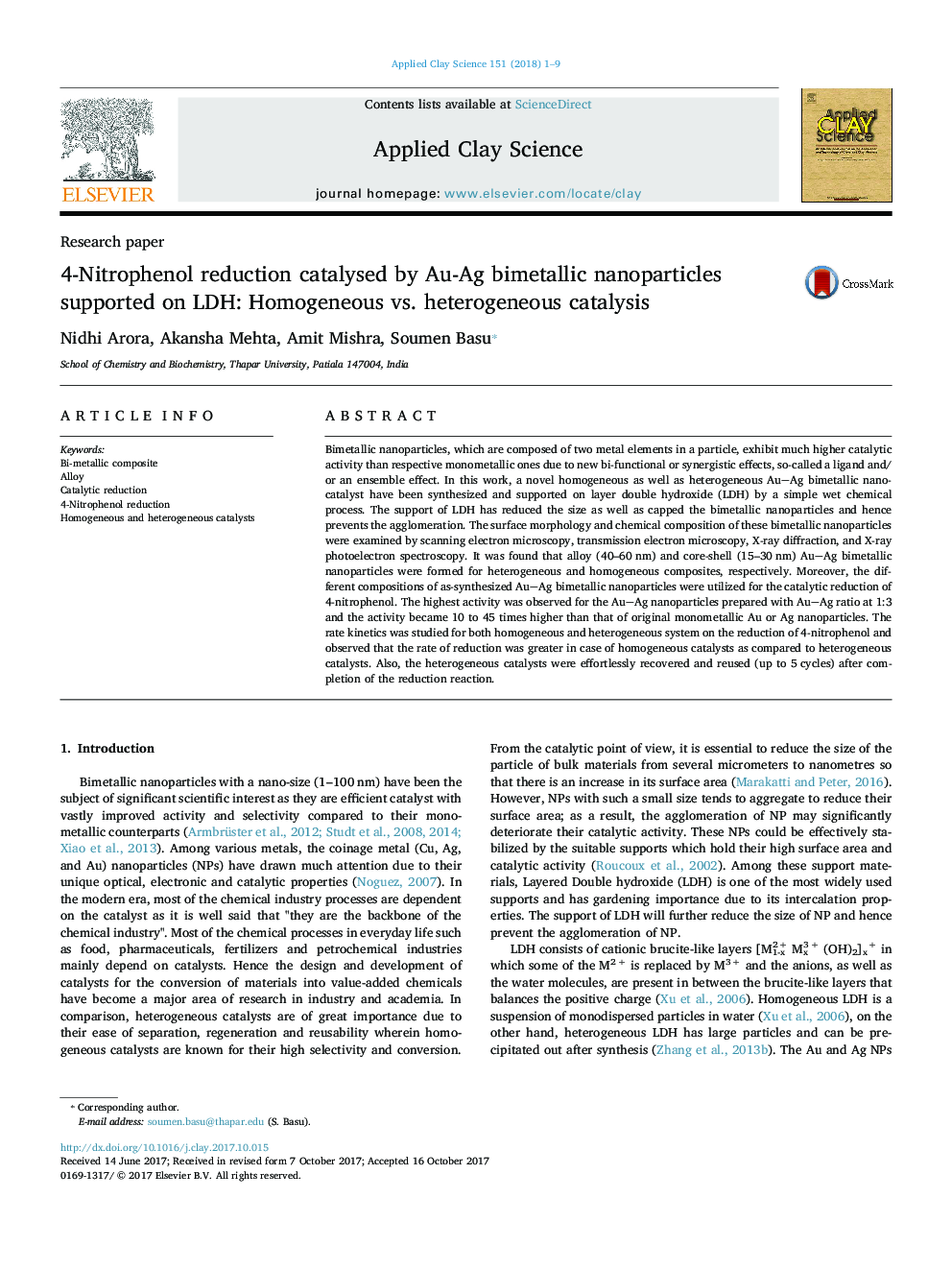 4-Nitrophenol reduction catalysed by Au-Ag bimetallic nanoparticles supported on LDH: Homogeneous vs. heterogeneous catalysis