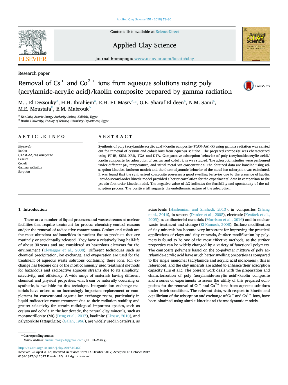 Removal of Cs+ and Co2Â + ions from aqueous solutions using poly (acrylamide-acrylic acid)/kaolin composite prepared by gamma radiation