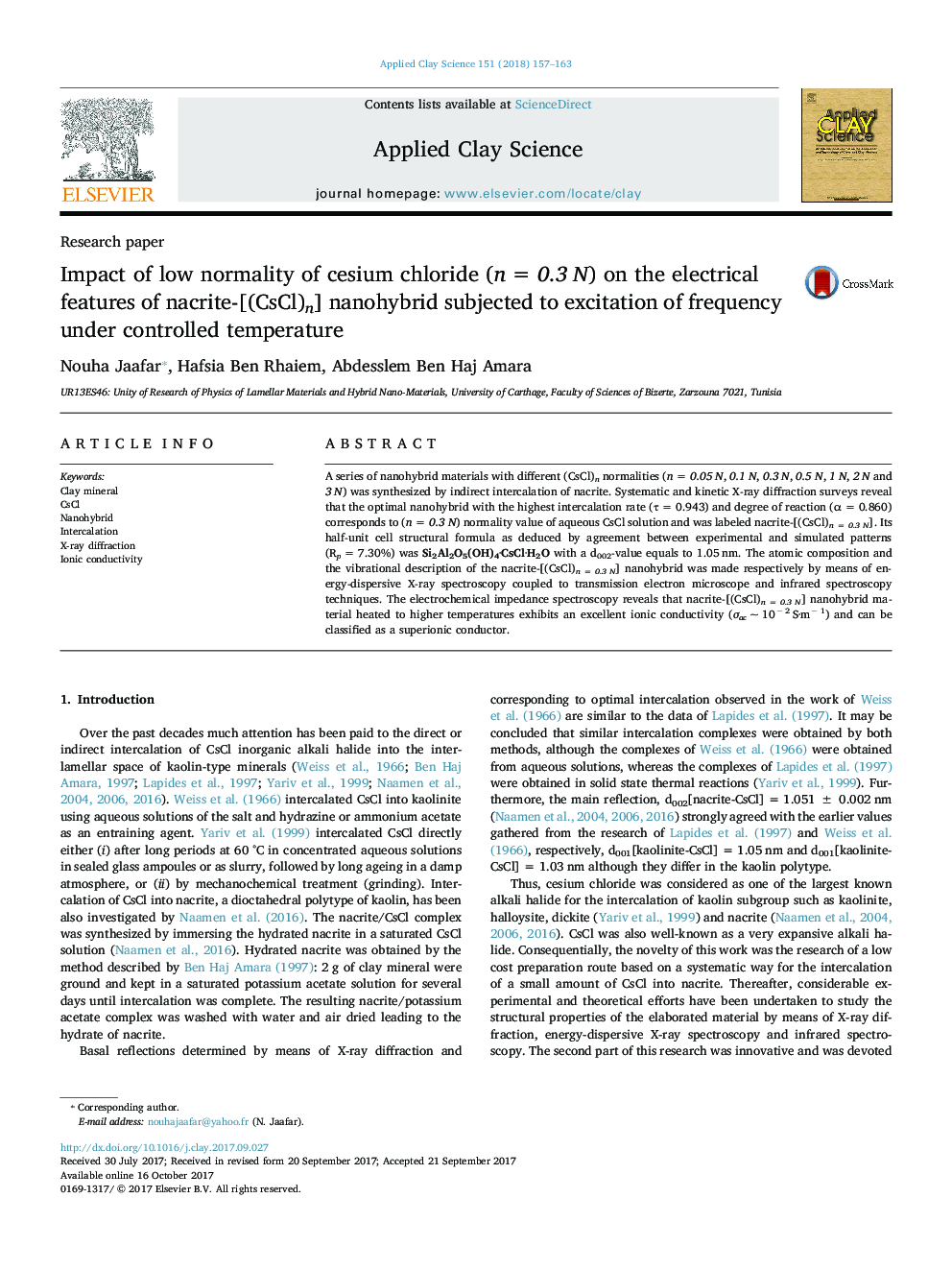 Impact of low normality of cesium chloride (nÂ =Â 0.3Â N) on the electrical features of nacrite-[(CsCl)n] nanohybrid subjected to excitation of frequency under controlled temperature