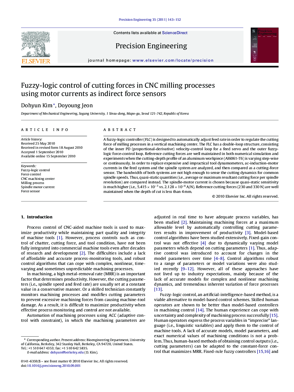 Fuzzy-logic control of cutting forces in CNC milling processes using motor currents as indirect force sensors