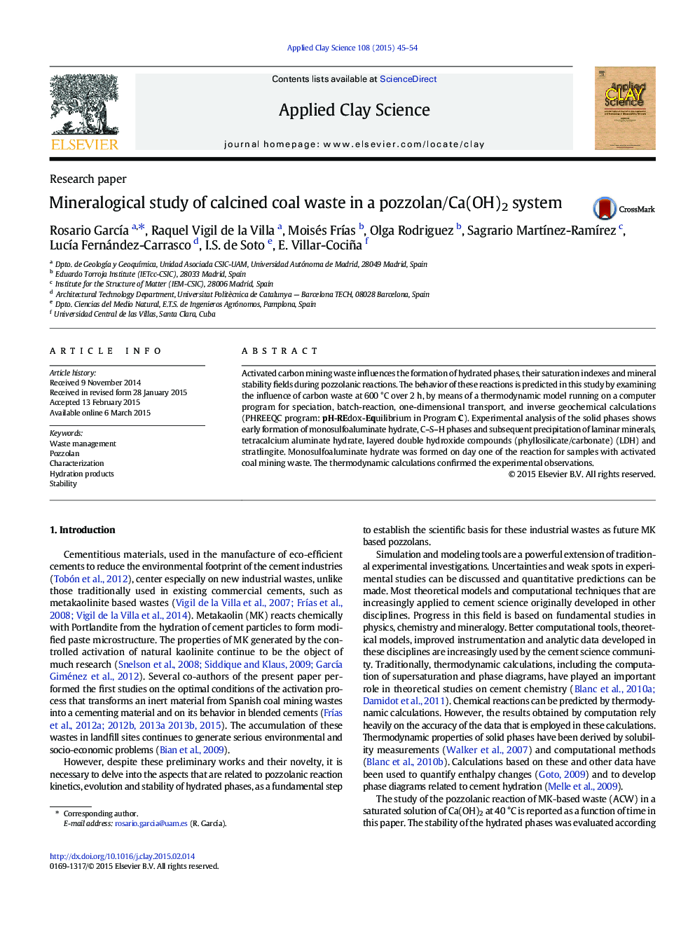 Mineralogical study of calcined coal waste in a pozzolan/Ca(OH)2 system